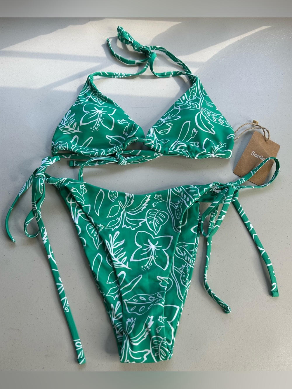 Samiol Bikini Set Small Floral Green Triangle Top Tie Side Bottom